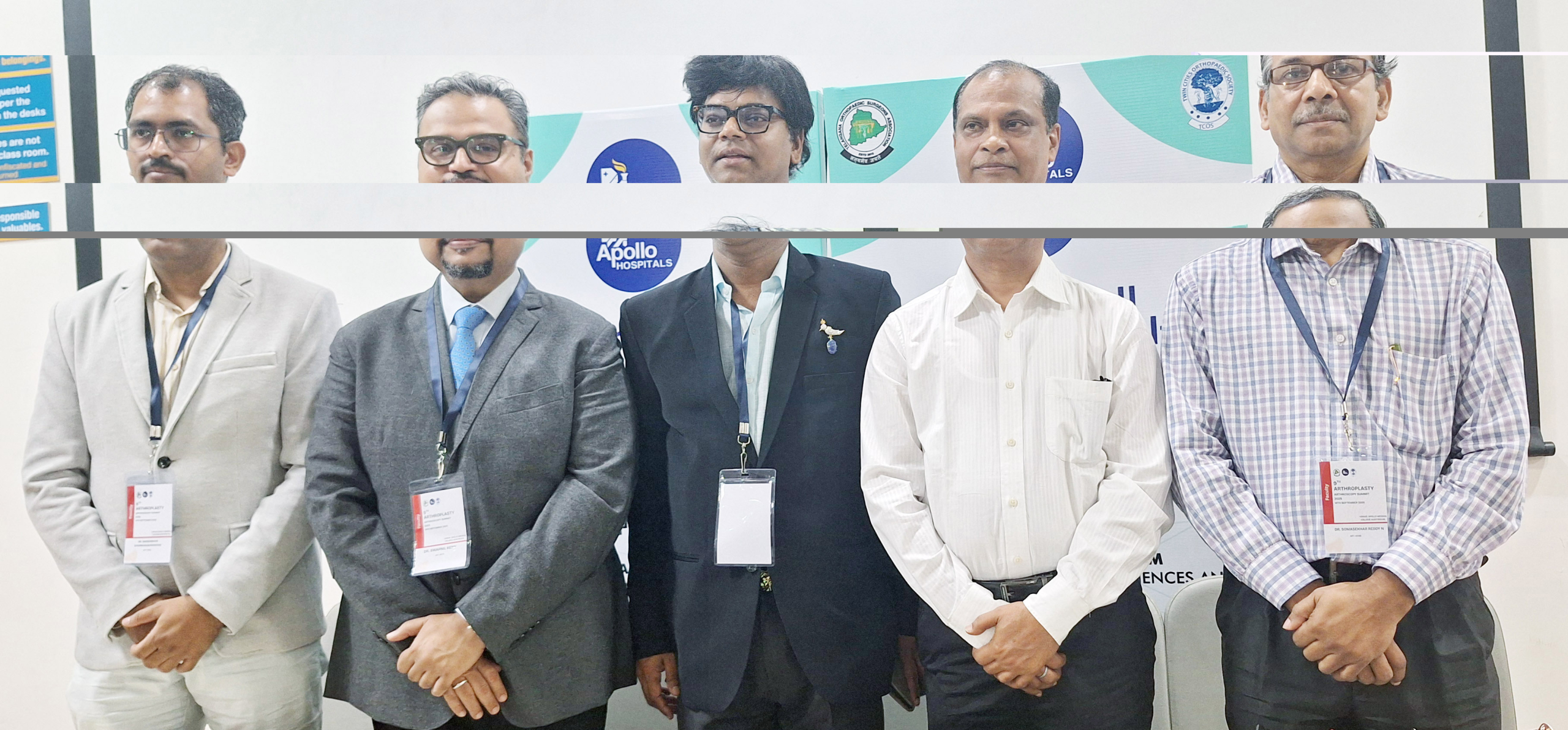 (L-R) Dr Saseendar, Sr. Consultant Arthroscopy Surgeon, CARE Spoorthi Injury Centre and SRM Global Hospital, Chennai; Dr Swapnil M. Keny, Pediatric Orthopedic & Pediatric Spince Surgeon, Sir JJ Group of Hospitals, Mumbai; Dr Mithin Aachi, Course Director, AAS and Senior Ortho & Joint Replacement Surgeon, Apollo Hospitals, Secunderabad; Dr Vijay Kumar Sharma, Consultant, Orthopedic & Joint Replacement Surgeon, Jaipur; & Dr N. Somashekar Reddy, Organizing Chairman, AAS and Sr. Ortho & Joint Replacement Surgeon, Apollo Hospitals, Hyderabad; at the one day 9th Arthroplasty Arthroscopy Summit 2025, (AAS), hosted by Apollo Hospitals, Secunderabad; under the aegis of the Telangana Arthroscopy Society, Hyderabad; Twin Cities Orthopaedic Society (TCOS) and Telangana Orthopaedic Surgeons Association, today at the Apollo Institute of Medical Sciences and Research, Jubilee Hills.