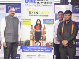 Chief Guest Sri JD Lakshminarayana (extreme left), Former IPS officer; after unveiling Hyderabad’s biggest talent encouragement exam - MEGA ResoFAST, an initiative of The Resonance Group, dedicated to identifying young talent and empower students with high-impact learning opportunities, today at Aashray Convention, Madhapur; as Mr. N. Purnachandra Rao (extreme right), Managing Director, Resonance Educational Institutions, Telangana & AP; looks on.