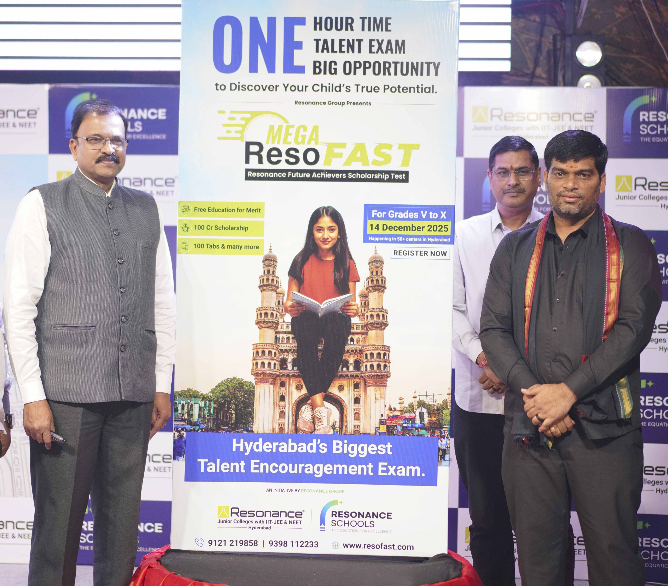 Chief Guest Sri JD Lakshminarayana (extreme left), Former IPS officer; after unveiling Hyderabad’s biggest talent encouragement exam - MEGA ResoFAST, an initiative of The Resonance Group, dedicated to identifying young talent and empower students with high-impact learning opportunities, today at Aashray Convention, Madhapur; as Mr. N. Purnachandra Rao (extreme right), Managing Director, Resonance Educational Institutions, Telangana & AP; looks on.