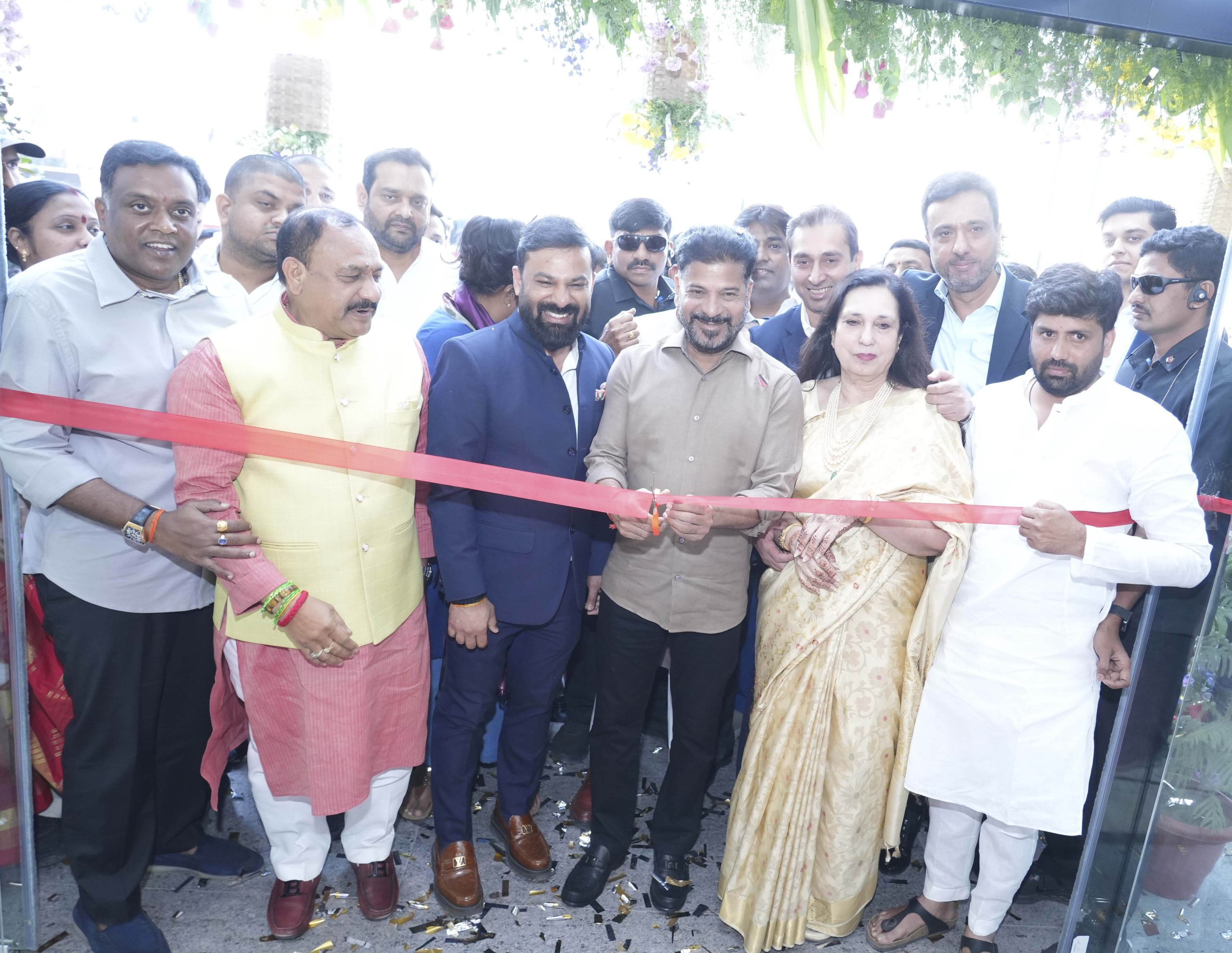 Chief Guest Shri Anumula Revanth Reddy, Hon’ble Chief Minister of Telangana; flanked by (L-R) Shri Rohin Reddy, Former DCC President; Guest of Honour Shri Bomma Mahesh Kumar Goud, Hon’ble President, PCC, Telangana; Mr. Tulla Vijayender Goud, Director, Odeon Mall; Mr. Najaf Ali Khan, Director, Odeon Mall; Sarzan Khan, Director, Odeon Mall; Mr. Saif Ali Khan, Director, Odeon Mall & Shri Anil Kumar Yadav, Hon’ble MP; inaugurating the ODEON MALL - a vibrant hub to shop, dine & cherish soulful entertainment; today at RTC Cross Roads..